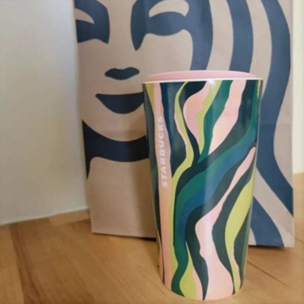Starbucks 2024 Spring Ceramic Luster Pink & Green Lines Tumbler